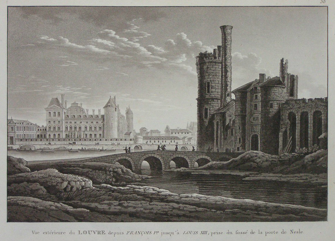 Aquatint - Vue Exterieur de Louvre depuis Francois 1er jusqu'a Louis XIII, prise du fosse de la porte de Nesle.